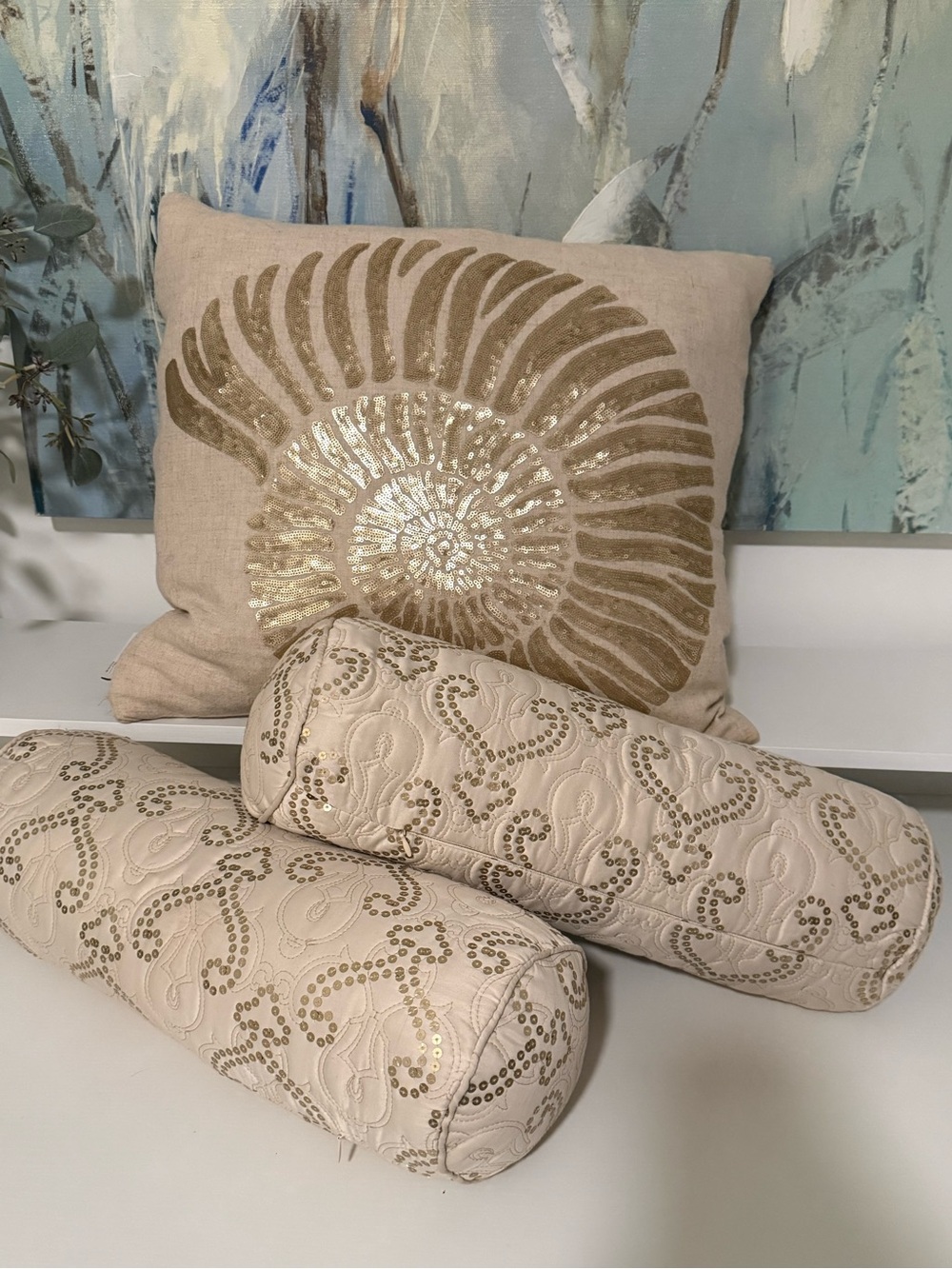 Nicole Miller Cream Pillow Set with Gold Shell and Studded Bolsters